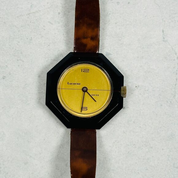 VTG Lucerne Watch Mens 40mm Octagon Brown Acrylic Retro Unique Manual Wind Works - Picture 1 of 12